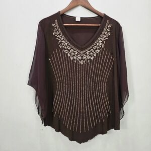 Vtg Y2K In Time Top Blouse 3XL Brown‎ Sheer Embellished Top Boho Festival Fairy